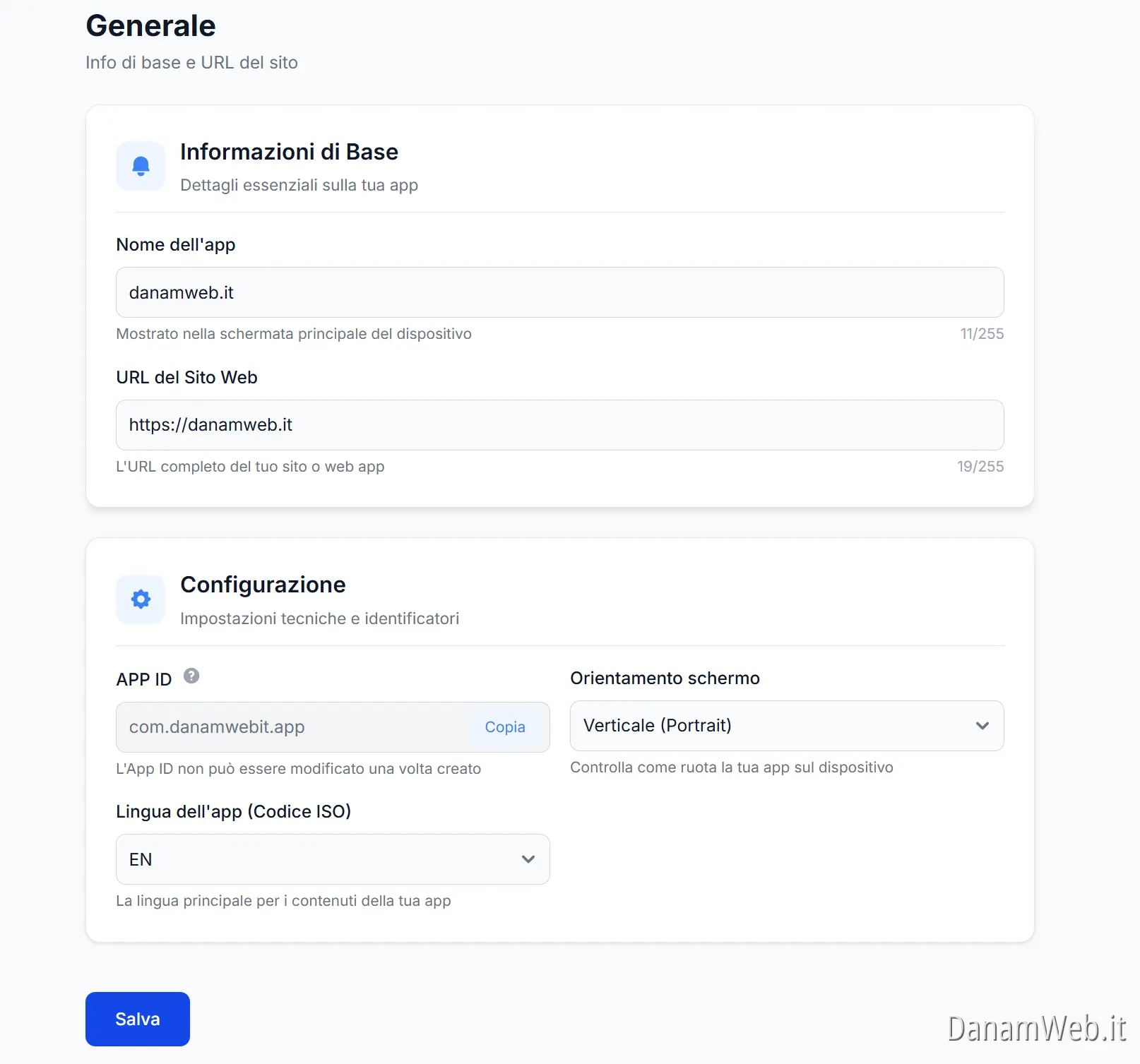 Schermata Impostazioni Generali App